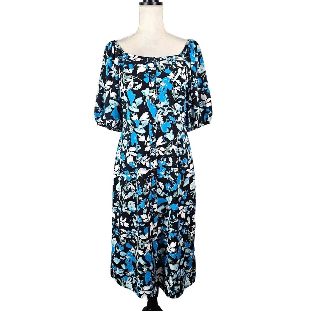 Womens Floral Midi Dress With Puff Sleeves Size M Black & Blue Casual Career
